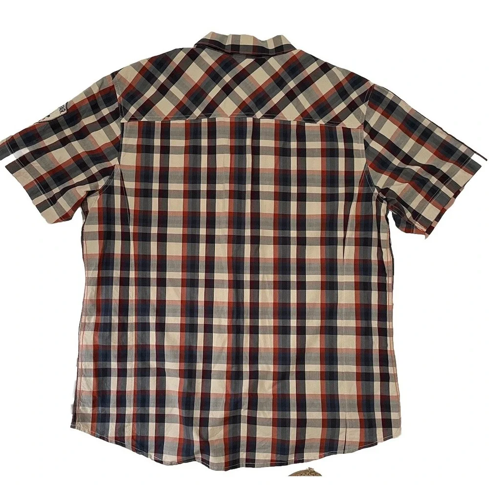 Harley Davidson Motorcycle Patch Button Shirt‎ Blue Beige Plaid HDMC Men's 2XL
